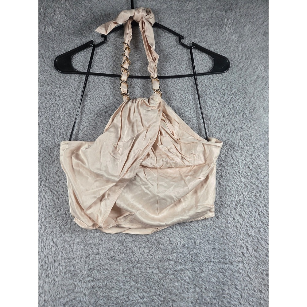 H&M Halter Top XS Beige Womens Chain Detail Draped Satin Crop Top 1177462